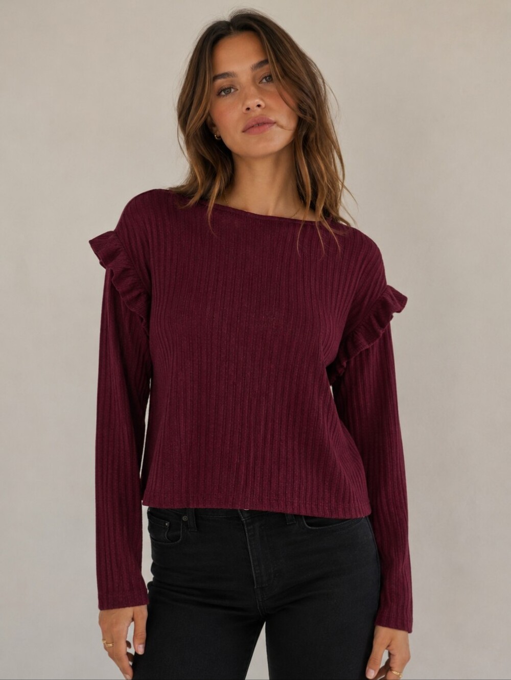 CC Ruffle Sleeve Plum Long Sleeve Top